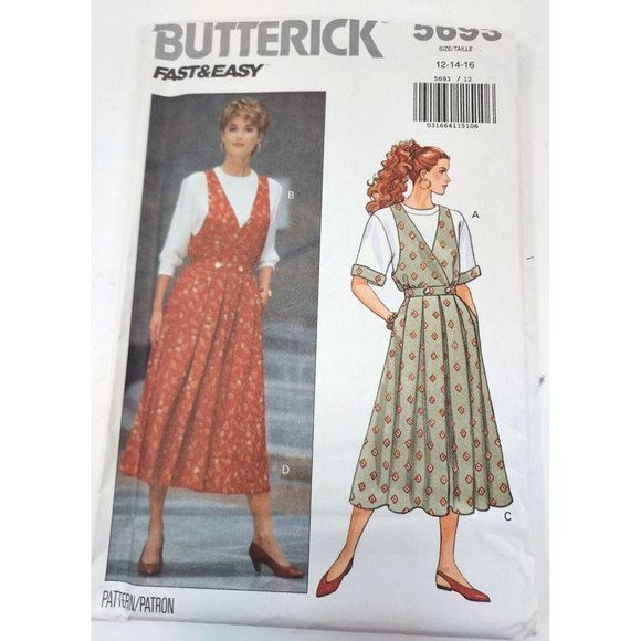 Butterick Pattern #5693  Wrap Front Jumper  &Top UNCUT S1ze 12 14 16 ©1991 - Picture 1 of 3